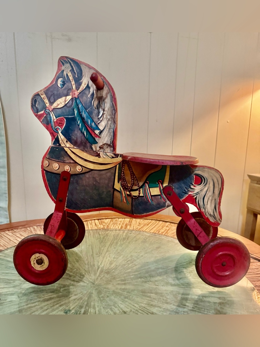 Vintage 1940s Gong Bell Mfg Ride On Horse Toy - Litho Wood Wheels Chime WORKS
